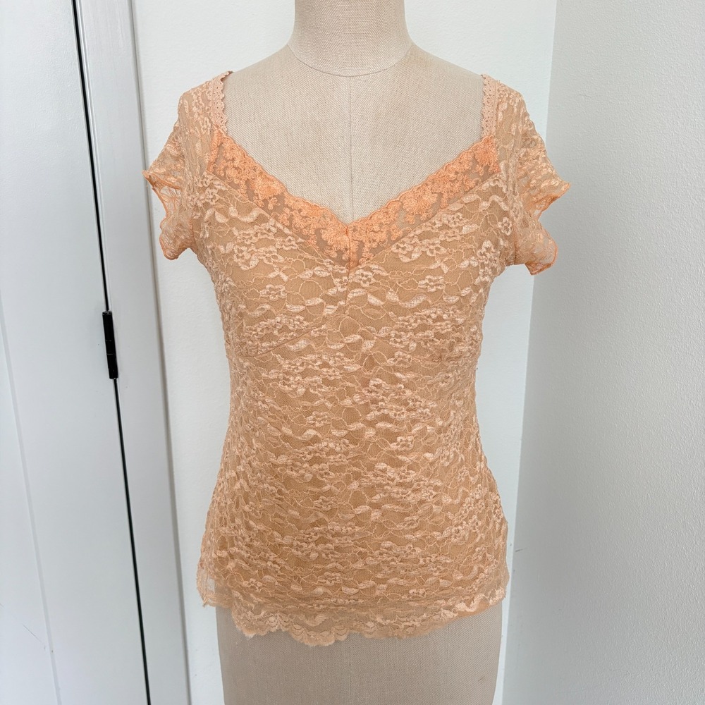 Y2K  Lace Top Women L Coral Lace‎  V Neck Beach Coastal Sheer Coquette Femme